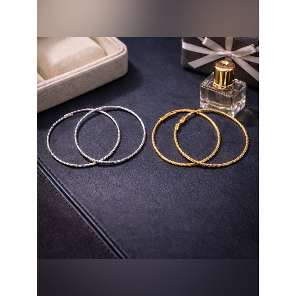Textured Gold Silver Hoop Earrings Set